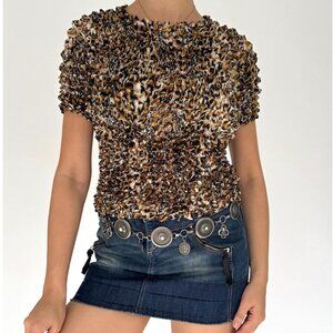 90s Y2K vintage animal print stretchy short sleeved popcorn bubble top blouse